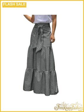 Boho Plaid Tiered Maxi Skirt Cotton A-Line High Waist Summer Casual